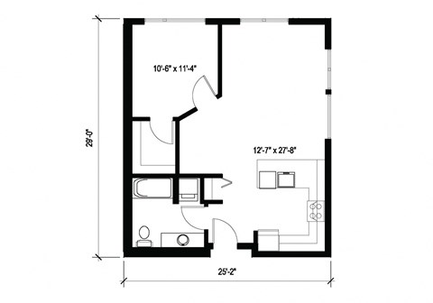 Floor plan for 1 bed, 1 bath, 711 sqft